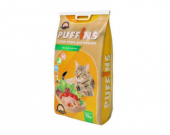 Puffins 10 кг д/кошек Курочка Акция +2 шт Рыбное ассорти желе +2 шт 100 гр говядина желе  Puffins