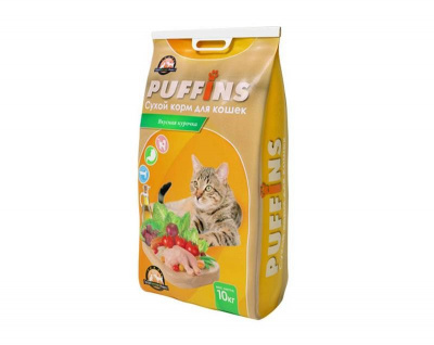 Puffins 10 кг д/кошек Курочка Акция +2 шт Рыбное ассорти желе +2 шт 100 гр говядина желе  Puffins