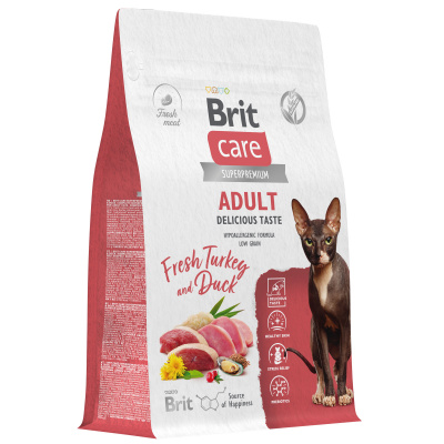 BRIT CARE, Сухой корм с инд. и уткой д/взр.прив.кошек "Cat Adult Delicious Taste", 0.4 кг,