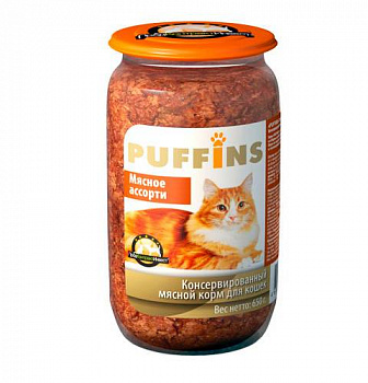Puffins 650 гр ст/б Мясное ассорти д/кошек 1/8