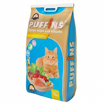 Puffins 10 кг д/кошек Курочка Рыбка Акция +2 шт Рыбное асс. желе +2 шт 100 гр говядина желе  Puffins