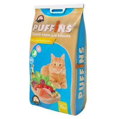Puffins 10 кг д/кошек Курочка Рыбка Акция +2 шт Рыбное асс. желе +2 шт 100 гр говядина желе  Puffins