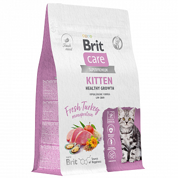 BRIT CARE, Сухой корм с индейкой д/котят, бер.и корм.кош "Cat Kitten Healthy Growth", 0.4кг,