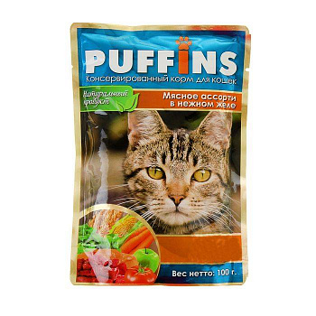 Puffins 100 гр Мясное ассорти желе д/кошек 1/24