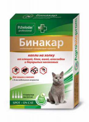 Пчелодар Бинакар Капли инсект.д/кош. и котят. от блох и клещей 4 пип. по 0,4 мл