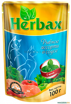 Ночной охотник herbax 100 гр д/кошек рыбное ассорти в соусе с мятой