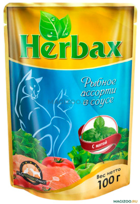 Ночной охотник herbax 100 гр д/кошек рыбное ассорти в соусе с мятой