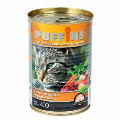 Puffins 415 гр  ж/б Мясное ассорти желе д/кошек 1/20