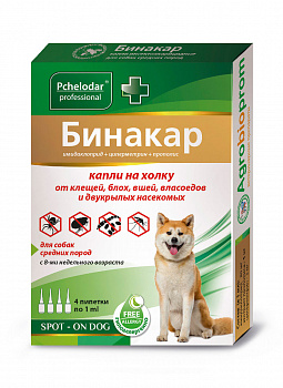 Пчелодар Бинакар Капли инсект.д/собак средн. от блох и клещей 4 пип. по 1 мл